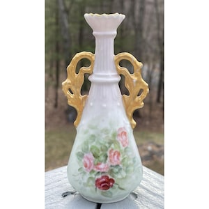 Antique Art Nouveau Porcelain Gilt Handled Miniature Bud Vase Edwardian