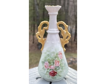 Antigo vaso miniatura de porcelana Art Nouveau com cabo dourado estilo eduardiano