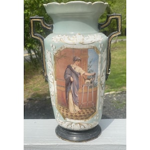 Antike europäische Porzellanvase klassische Deco-blaue Frau & Kätzchen Carl Thieme