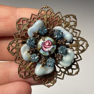 Antique Victorian - Art Deco Guilloche Enamel Rose Flower Brooch Pin w Turquoise
