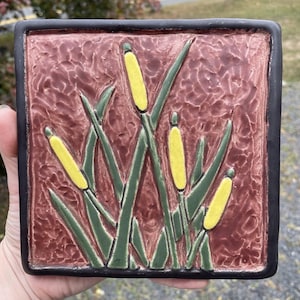 Vintage Arts & Crafts Mission Style Cattails Wall Tile Sugar Lake Studio Pottery