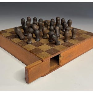 Vintage Handmade Folk Art Wooden Peg Solitaire Gameboard Box 20th C. Japan