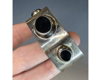 Mid-Century Modern Silverplated Brutalist Cuff w/ Black Inset Modernist Jewelry