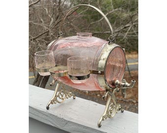 Antique - Vintage Art Deco Pink Depression Glass Barrel Decanter Keg 1920s 1930s