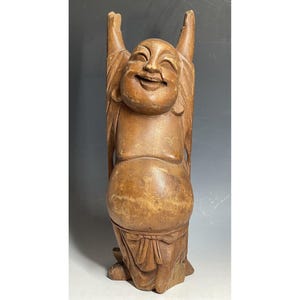 11 3/4&quot; Antique - Vintage Hand Carved Happy Buddha Chinese Wooden Figure Art