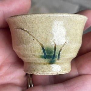 May include: A small, light brown ceramic teacup with a green and brown floral design. The cup has a textured surface and a slightly flared rim.