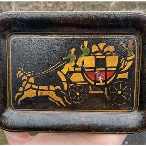 Vintage Hand Painted Toleware Rectangular Diminutive Tray Tip Snack Black Gold