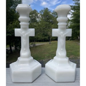 Vintage Pair of Pressed Milk Glass Crucifix Candlestick Holders 20th C. Gothic