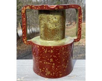 Vintage 70s Studio Redware Folk Pottery Jug Vase Red Glaze Flambe Ken Searfoss