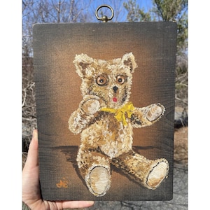 Vintage 20th C. Retro Hand Painted Teddy Bear Wooden Panel Folk Art