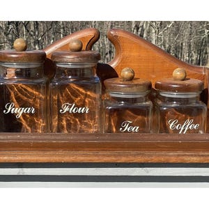 Mid-Century Vintage Canister Set Wooden & Glass 4 Piece Jars Anchor Hocking