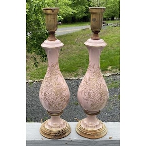 Pair of Antique Art Deco Regency 1930 Table Lamps Paul Hanson Pink Chrysanthemum