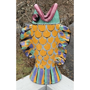 Vintage 20th C. Hand Made Artisan Fish Vase Colorful Ceramic Art Pottery Decor
