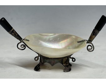 Antique Victorian Sterling Silver Mother of Pearl Shell Open Salt Tableware 19th