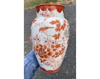アンティーク九谷焼花瓶：明治時代 日本製磁器 赤絵鳥花文 1868年頃