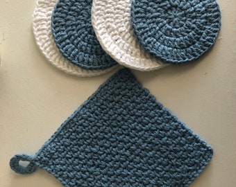 May include: Set of four crocheted pot holders in blue and white. Two round pot holders with loops and one square pot holder with a loop.