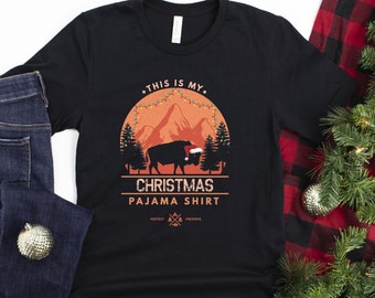 This Is My Christmas Pajama Shirt Funny Family T Shirt Bison Silhouette Holiday String Lights Xmas PJ Gift Unisex American Buffalo T-Shirt