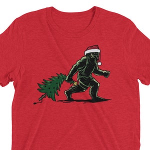 Bigfoot Christmas, Sasquatch, Short Sleeve, T-shirt, Christmas Tree, Santa Sasquatch, Holiday Tee, Xmas, Santa Hat, Yeti, Squatchy, Squatch image 1