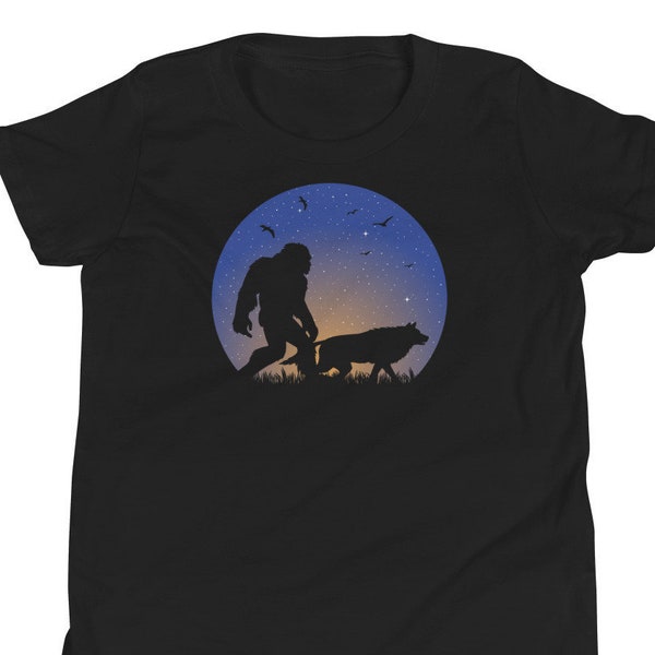 Youth Bigfoot with Wolf Companion in Silhouette, Night Stars, Sasquatch Short Sleeve T-Shirt