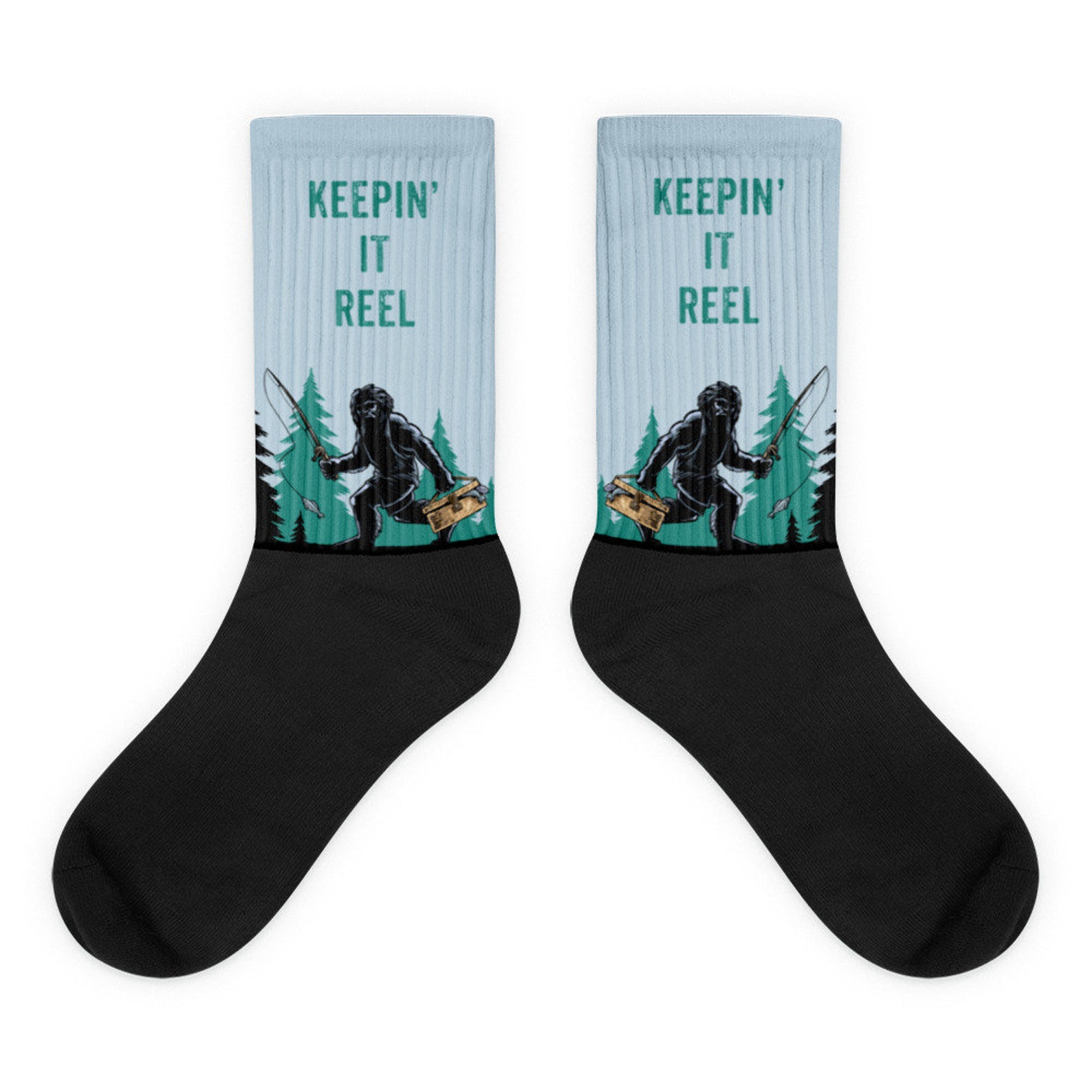 Fishing, Keeping' It Reel, Funny Socks, Mens Socks, Sasquatch, Unique