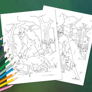 Bigfoot Coloring Pages | Sasquatch Coloring Sheets | Yeti Coloring Instant Download | Digital Coloring Page | Squatch with Wolf & Jackalope