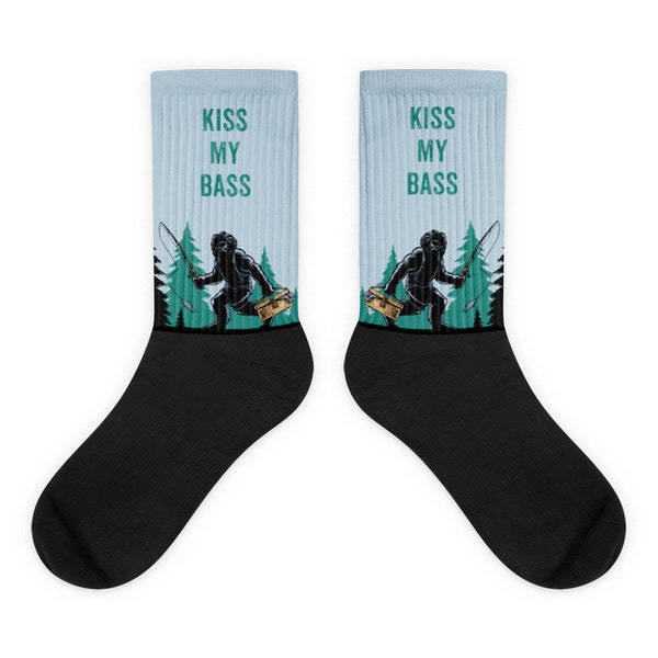 Mens Socks, Fishing, Kiss My Bass, Funny Socks, Sasquatch, Unique Gift, Bigfoot, Yeti, Cute Socks, Cool Gift, Funky Socks, Stocking Stuffer