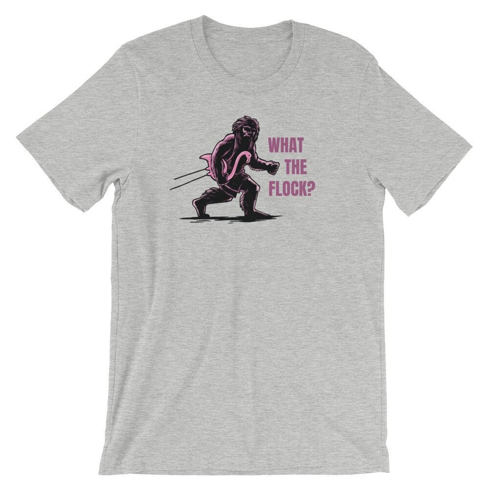 Funny Bigfoot Pink Flamingo T-shirt, Sasquatch Carrying Lawn Flamingo