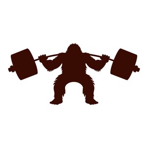 May include: Silhouette of a hairy, muscular creature lifting a barbell weight. The creature is squatting with its arms extended, holding the barbell with both hands. The barbell has two round weights on either end.