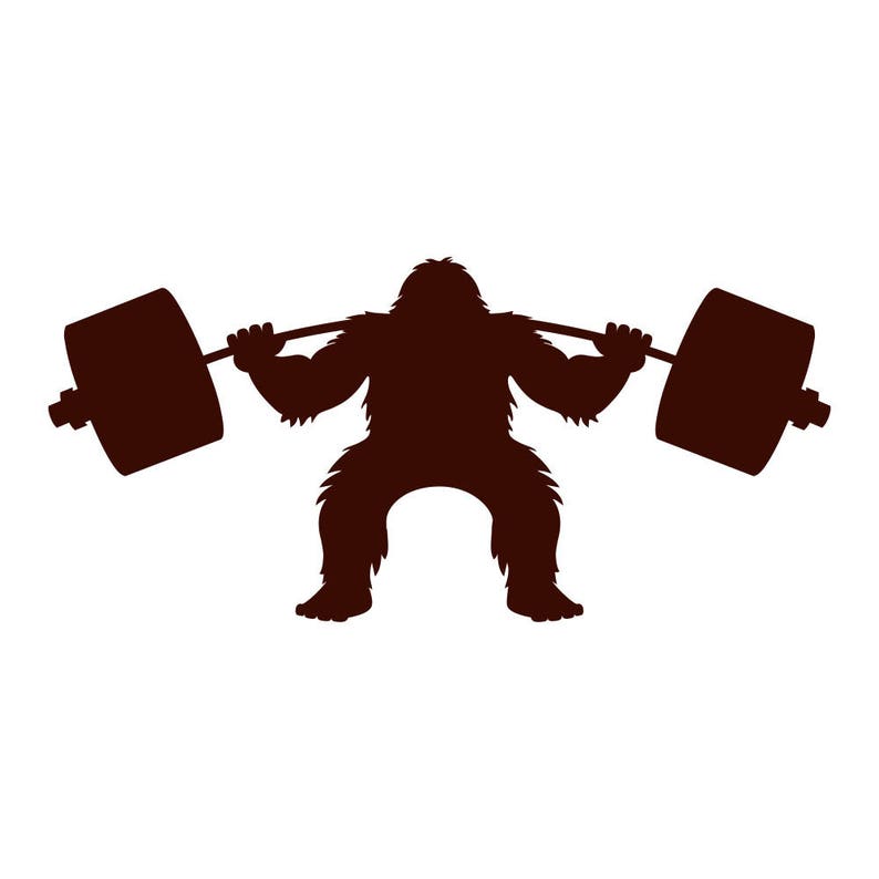 May include: Silhouette of a hairy, muscular creature lifting a barbell weight. The creature is squatting with its arms extended, holding the barbell with both hands. The barbell has two round weights on either end.