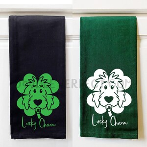 Lucky Charm Doodle Kitchen Towels, St. Patrick&#39;s Day kitchen towel, dog kitchen towel, doodle kitchen towel, doodle decor