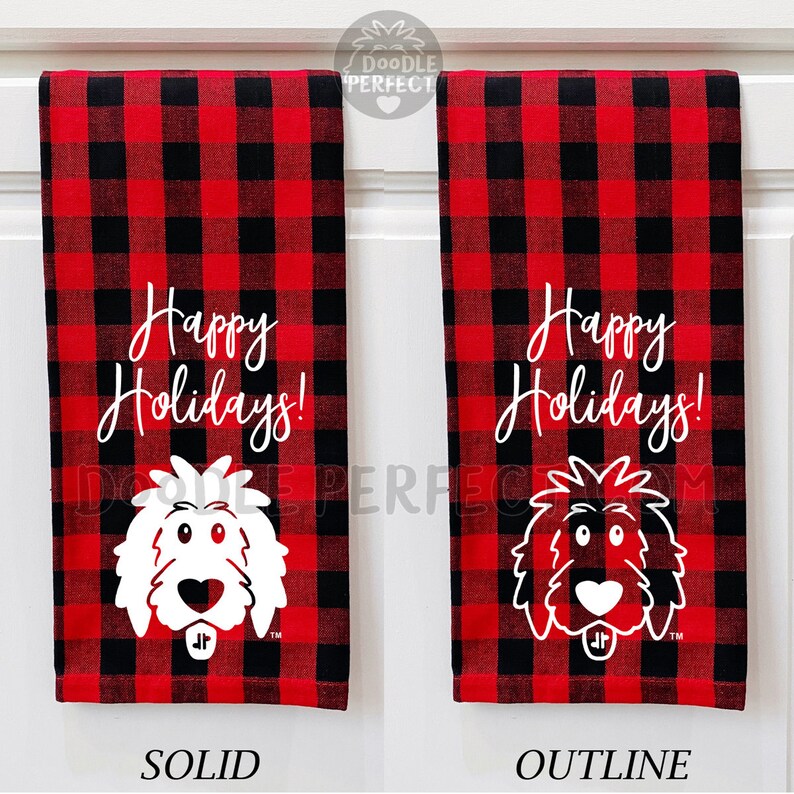 Puede incluir: Dos toallas de cocina de cuadros rojos y negros con el texto "&iexcl;Felices Fiestas!" y un garabato blanco de la cabeza de un perro. Una toalla tiene la cabeza de un perro s&oacute;lida y la otra tiene la cabeza de un perro de contorno.
