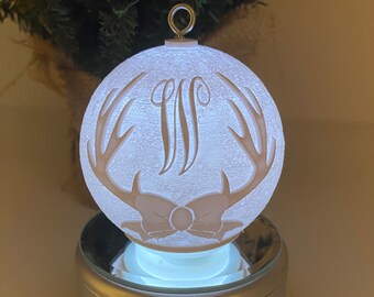 Monogrammed Antler Christmas Tree Ornament, 3d lithophane ornament, light up, gift for friend