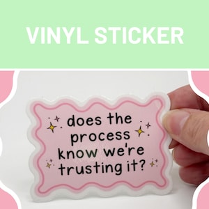 May include: A rectangular vinyl sticker with a wavy pink border and a light pink background. The text in black reads, does the process know we're trusting it? Four small yellow four-pointed star icons are positioned around the text.