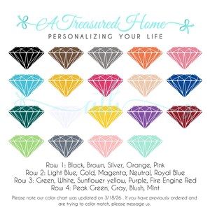 May include: A color chart featuring diamond illustrations in various colors, including black, brown, silver, orange, pink, light blue, gold, magenta, and more. The text reads "A Treasured Home, Personalizing Your Life."