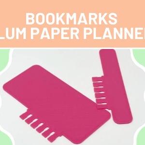 May include: Two magenta bookmarks with notched tabs, designed for a planner. The rectangular bookmarks are displayed against a white background. The text "BOOKMARKS PLUM PAPER PLANNER" is at the top of the image.