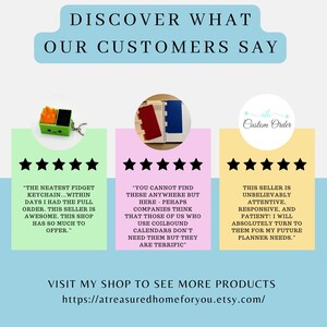 May include: Image with customer testimonials. The text reads "Discover What Our Customers Say." Three sections feature product images and customer reviews. The shop's Etsy URL is displayed at the bottom.