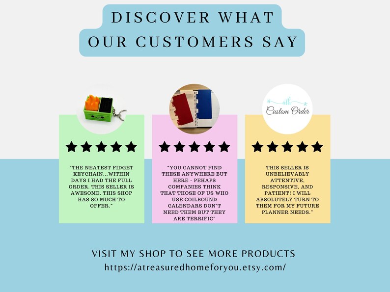 May include: Image with customer testimonials. The text reads "Discover What Our Customers Say." Three sections feature product images and customer reviews. The shop's Etsy URL is displayed at the bottom.