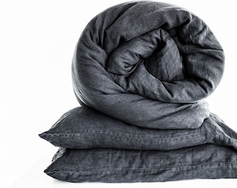 Beflax French Flax Linen Duvet Cover Set: Charcoal Grey Stonewashed Bedding