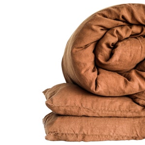 Beflax 100% French Flax Linen Duvet Cover Set | Soft Stone Washed Linen Set 3 pcs | Farmhouse Design | Terracotta Rust | Queen King