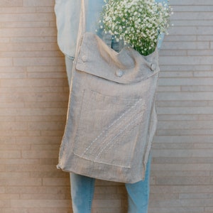 Natural Pure Linen Tote Bag (Linen Shopping bag / Market bag / Grocery bag - Stone Washed - Ultra Soft Comfortable) Farmhouse Design