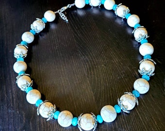 White Turquoise & Aquamarine stone chunky necklace and earring set