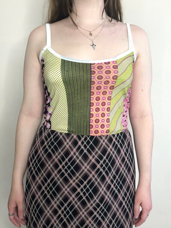 Patchwork Printed Mesh Spaghetti Strap Patterned T