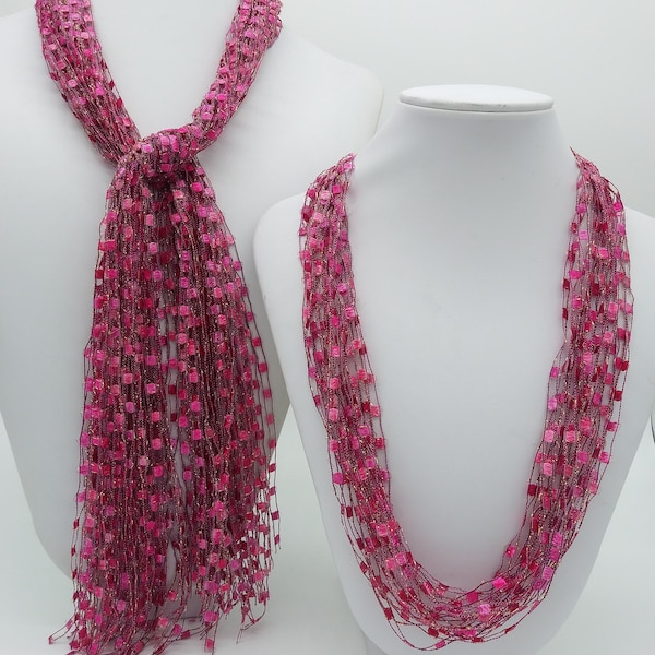 Glitter Yarn Ribbon Necklace magenta pink with silver metallic accents lightweight womens fashion Italian ladder yarn