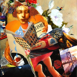 Library Book Lover 11x14&quot; Art Print of Original Collage Reader with Coffee Tea Reading & Imagination Contemporary Wall Art for Home Decor