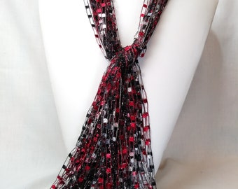 Black Red and White Ribbon Scarf Womens Designer Fiber Art Fashion Accessory