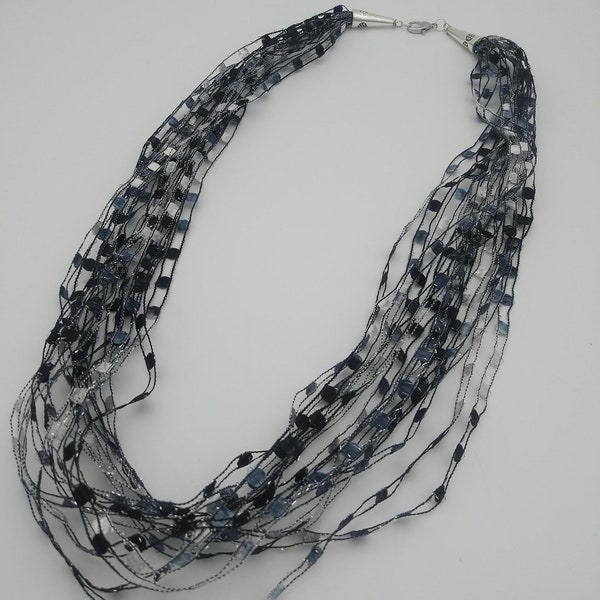 Glitter Yarn Ribbon Necklace - black and white with silver metallic accents toggle clasp