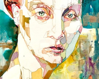Dibujo abstracto de rostro, arte en tinta acrílica con detalles dorados.