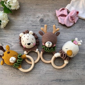Cotton baby rattle, Organic rattle, baby shower gift, Lion, Giraffe, Deer, Bird, Baby gift toy for themed baby shower