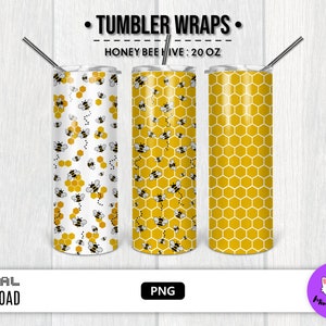Honey Bee Hive Skinny Tumbler Wrap 20oz PNG transparant bestand voor sublimatie | Naadloze gele bijenkorf patroon digitale instant download