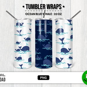 Ocean Blue Whale Skinny Tumbler Wrap / Sea Wave Fish Tail Marine Animal PNG Digital Download per 20oz Sublimation Ocean Blue Background